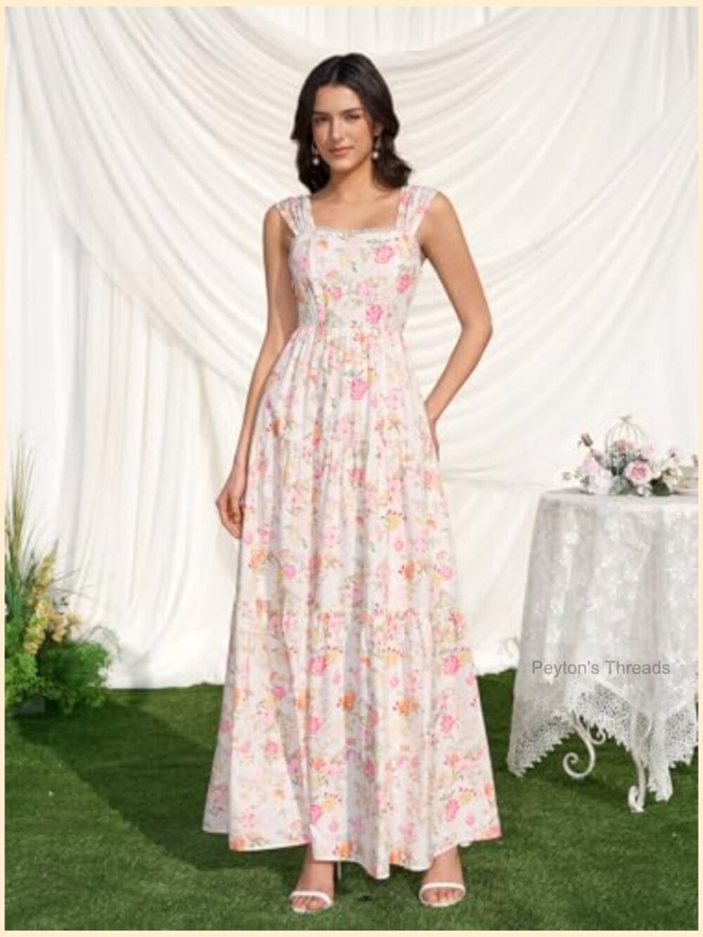 Floral Maxi Dress Lace Up Square Neck Flowy A-Line Wedding Guest Dress - Picture 5 of 7